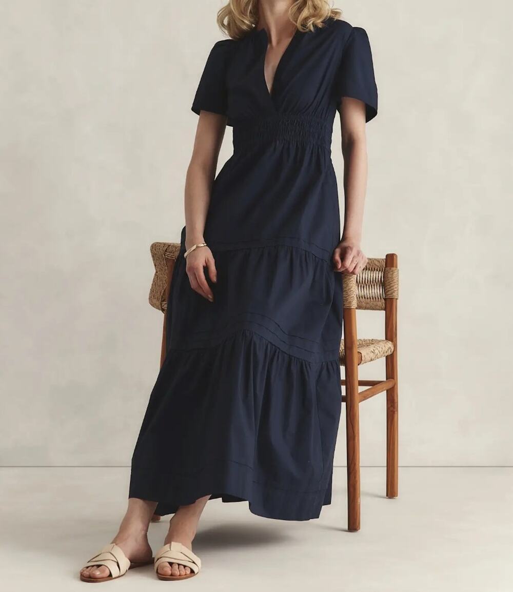 Quince Women 100% Organic Cotton Poplin Tiered Maxi Dress Navy Basic Sleeved XS